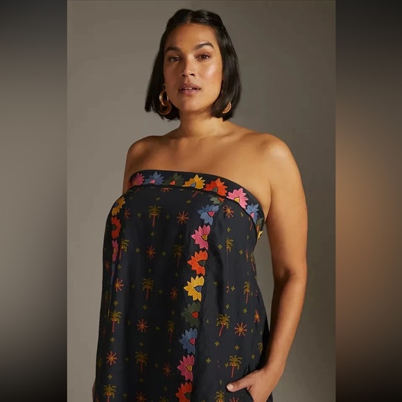 Anthropologie Farm Rio Embroidered Dress Strapless Black Folklore Size XL - Picture 2 of 9